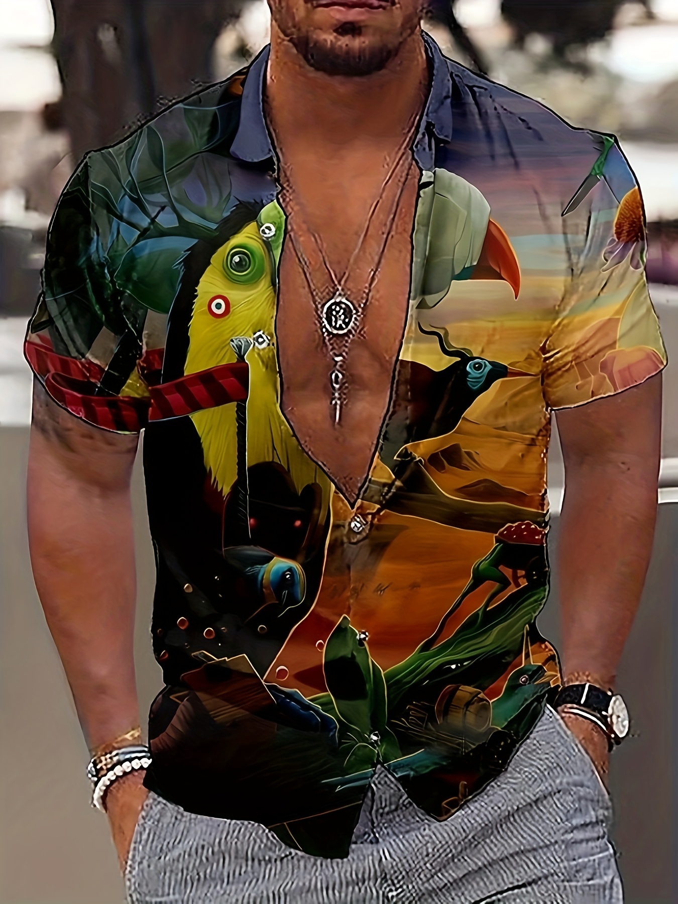 Men's Stylish Bird Shirt, Casual Slightly Stretch Breathable Lapel
