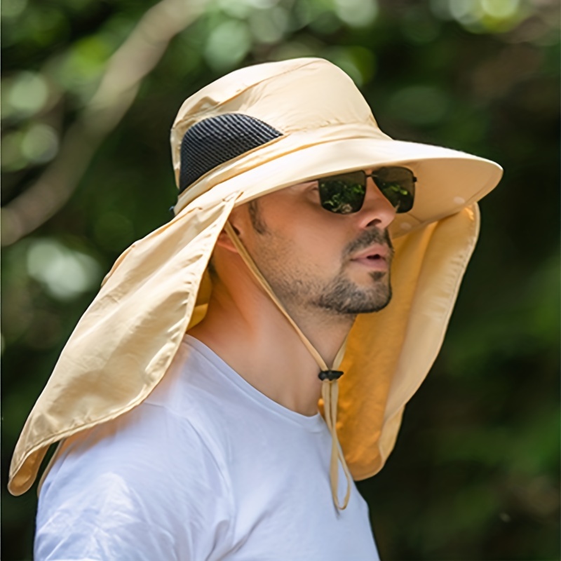 Khaki Vacation Travel Hat, Men's Sun Protection 1pc Summer Neck Fishing UV Protection Sun Hat, Bucket Hats,Casual,Temu