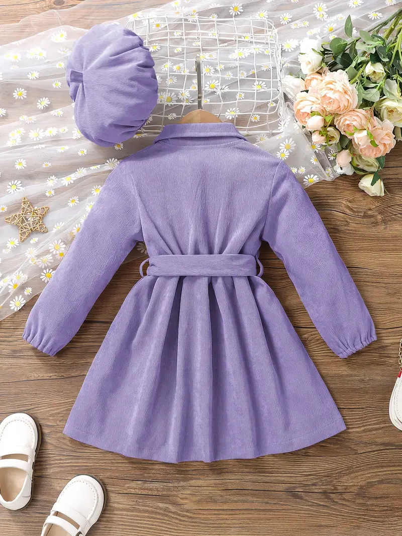 girls casual dress corduroy button front collar neck dresses with belt and hat set trendy kids autumn outfit details 13