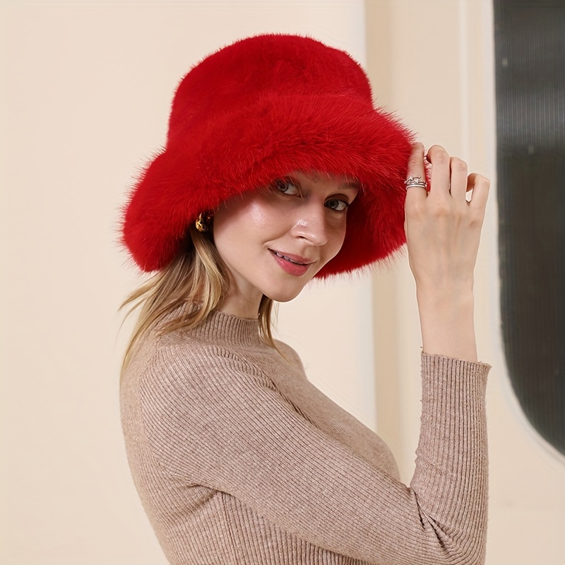 Outdoor Women Winter Bucket Hat Faux Fur Wool Warm Cloche Hats Fisherman  Cap