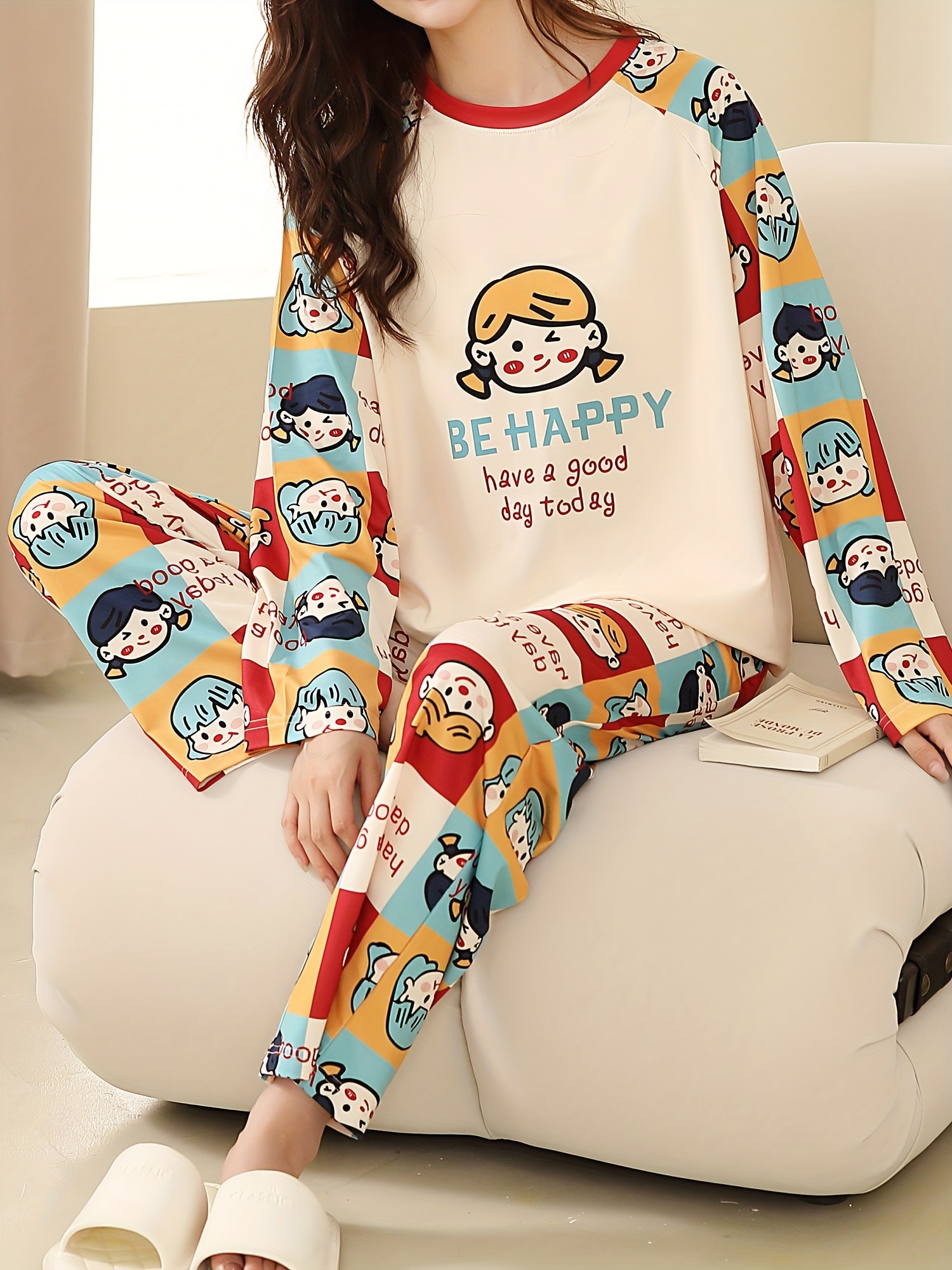 Cartoon Print Pajamas Set, Long Sleeve Crew Neck Top & Lounge Pants,  Women's Sleepwear & Loungewear