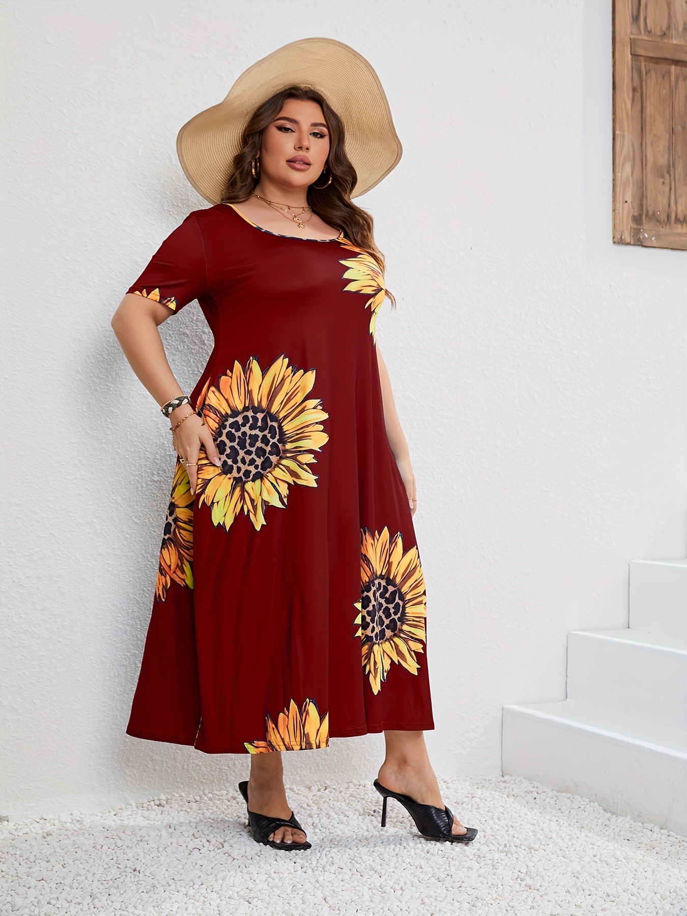 women's floral sunflower print tunic dress crew neck loose