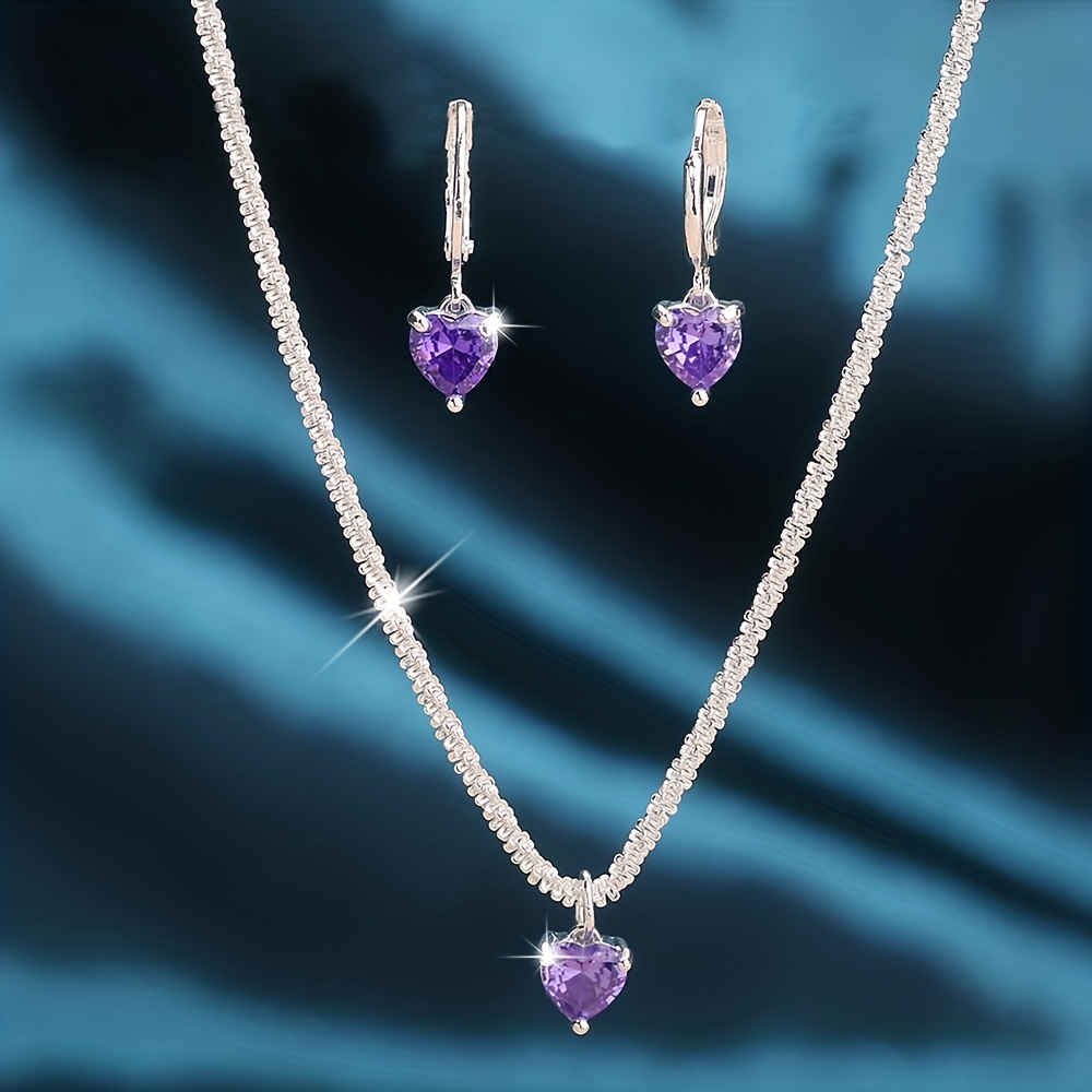 Image of 3pcs/set Mother's Day Valentine's Day Gift Sparkle Purple Heart Synthetic Pendant Earrings Necklace Set For Women, Wedding Party, Thanksgiving Festival Jewelry