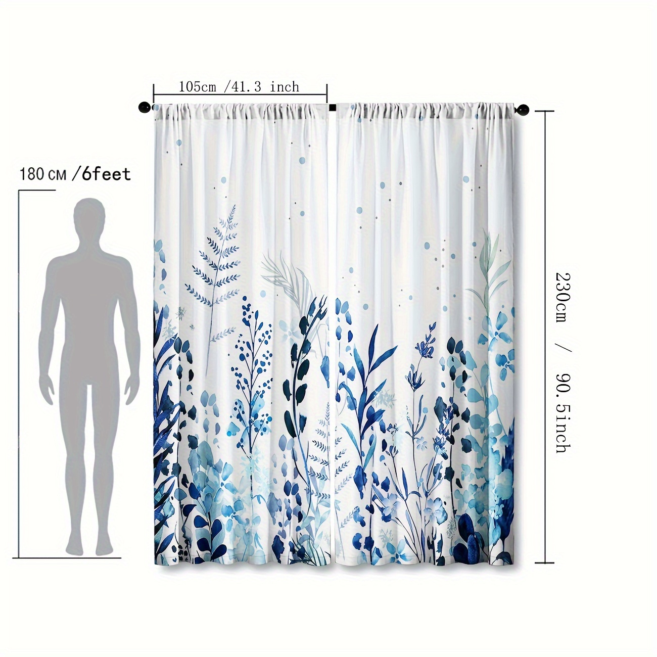 2 Piezas Dibujadas a Mano Estampado Floral Cortinas Salón Ancho 150cm (alto  225cm, Azul)