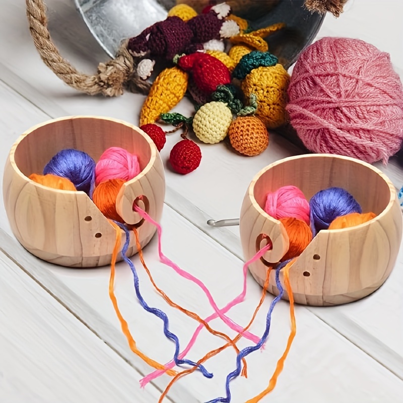 Wooden Yarn Bowl With Handmade Holes Knitting - Temu
