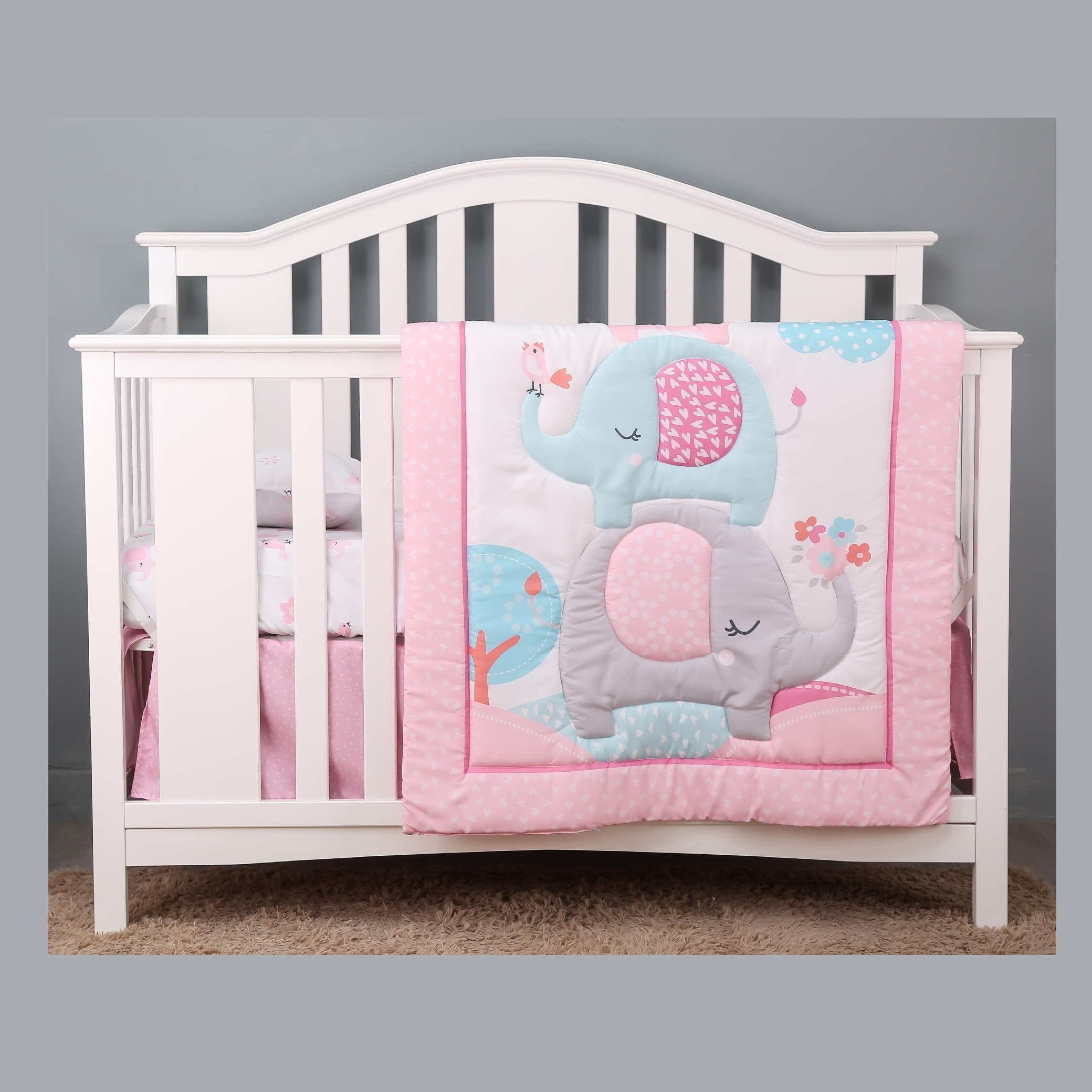 Pink and grey elephant nursery bedding on sale