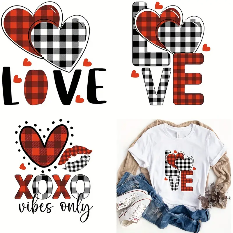 3pcs Valentine Plaid Heart Cartoon Iron On Heat Transfers For T Shirts DIY  Clothing, T-Shirt, Mask, Jeans, Backpack, Hats, Pillow Easy Heat Pressed De