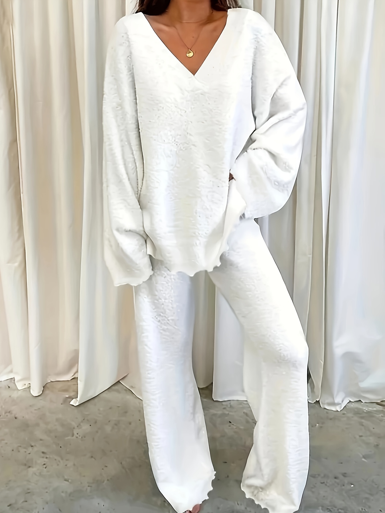 Women's 2 Piece Outfits Fuzzy Fleece Pajama Set Long Sleeve Top Wide Leg  Pants Loungewear