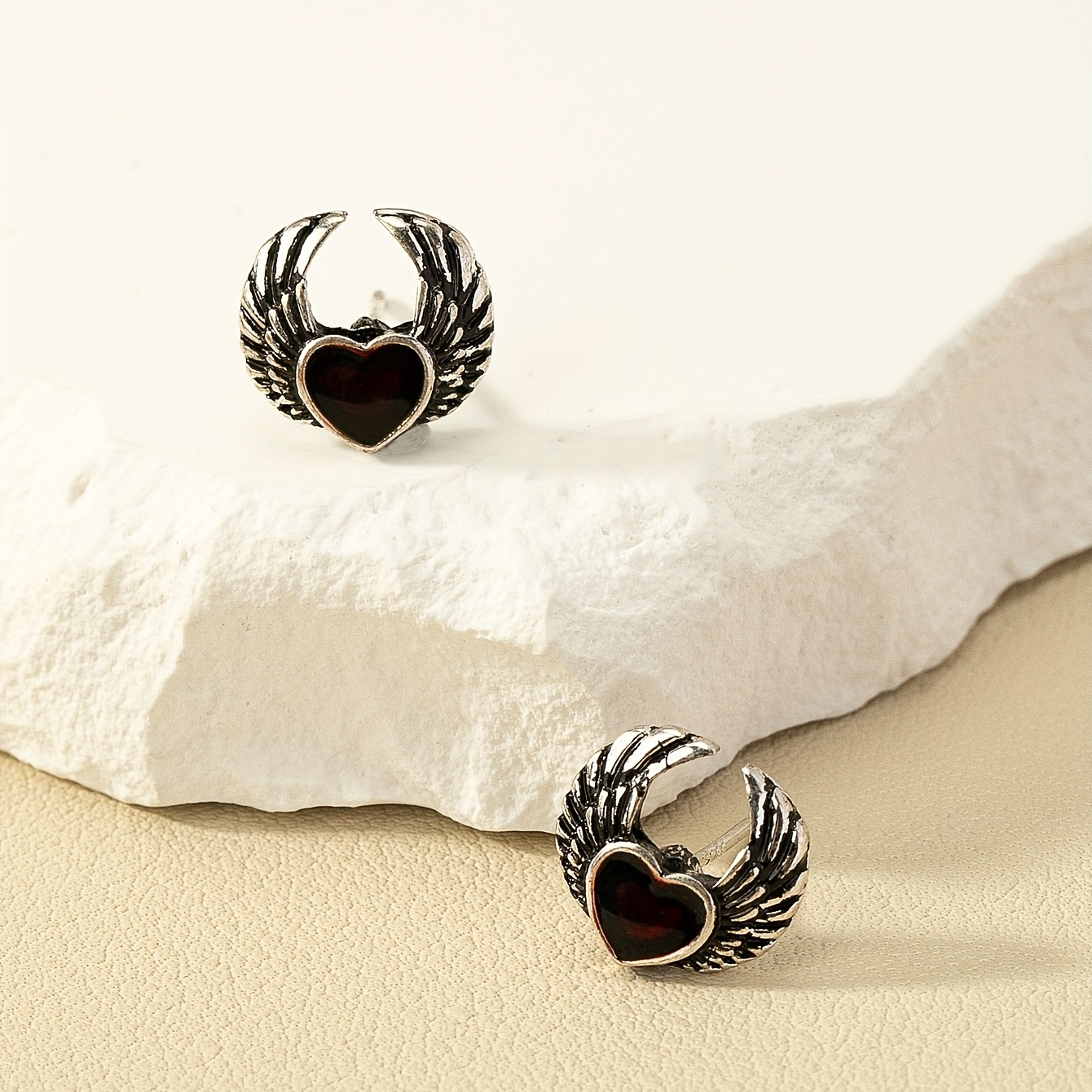 Gothic Enamel Red Heart Wings Stud Earrings