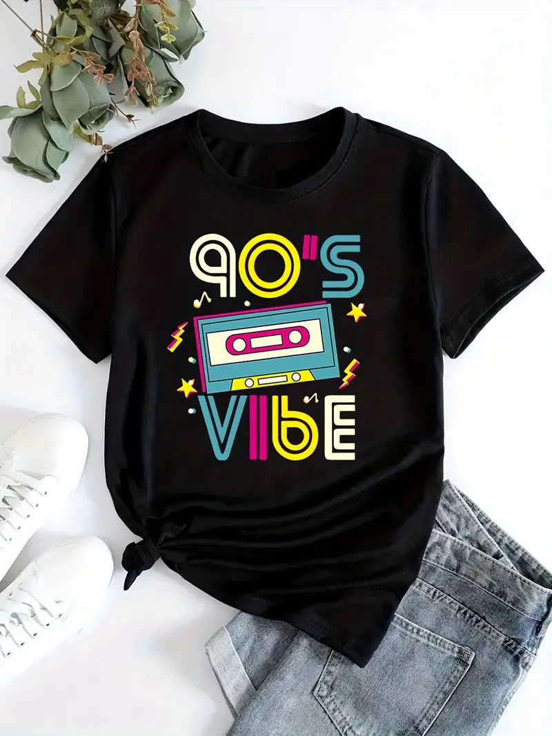 90's Vibe Print T shirt Short Sleeve Crew Neck Casual Top - Temu