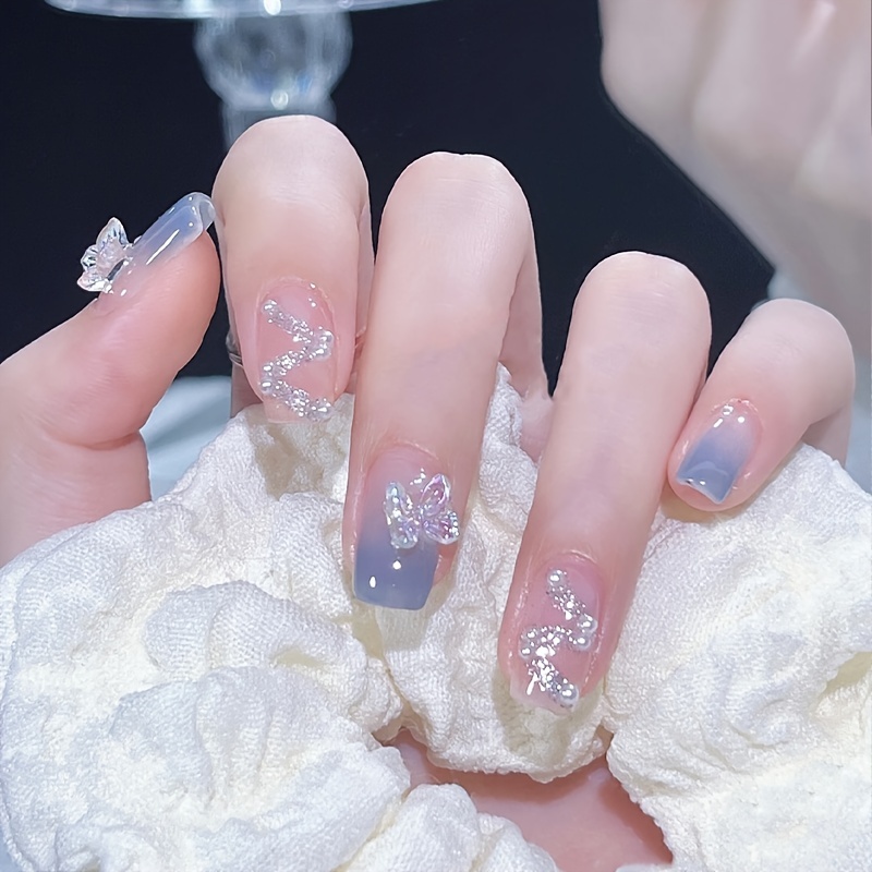 Long Square Shape Press On Nails Fake Nail With Butterfly - Temu