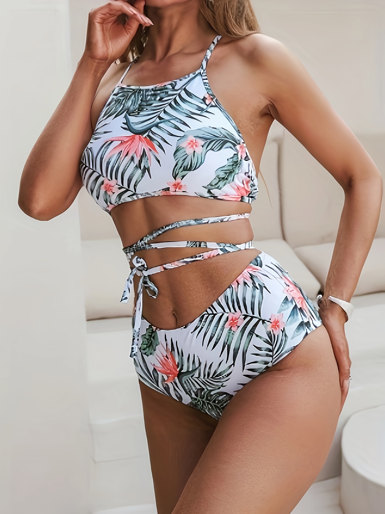 Ditsy Floral Print Push Up Tie Side High Waisted Bikini - Temu