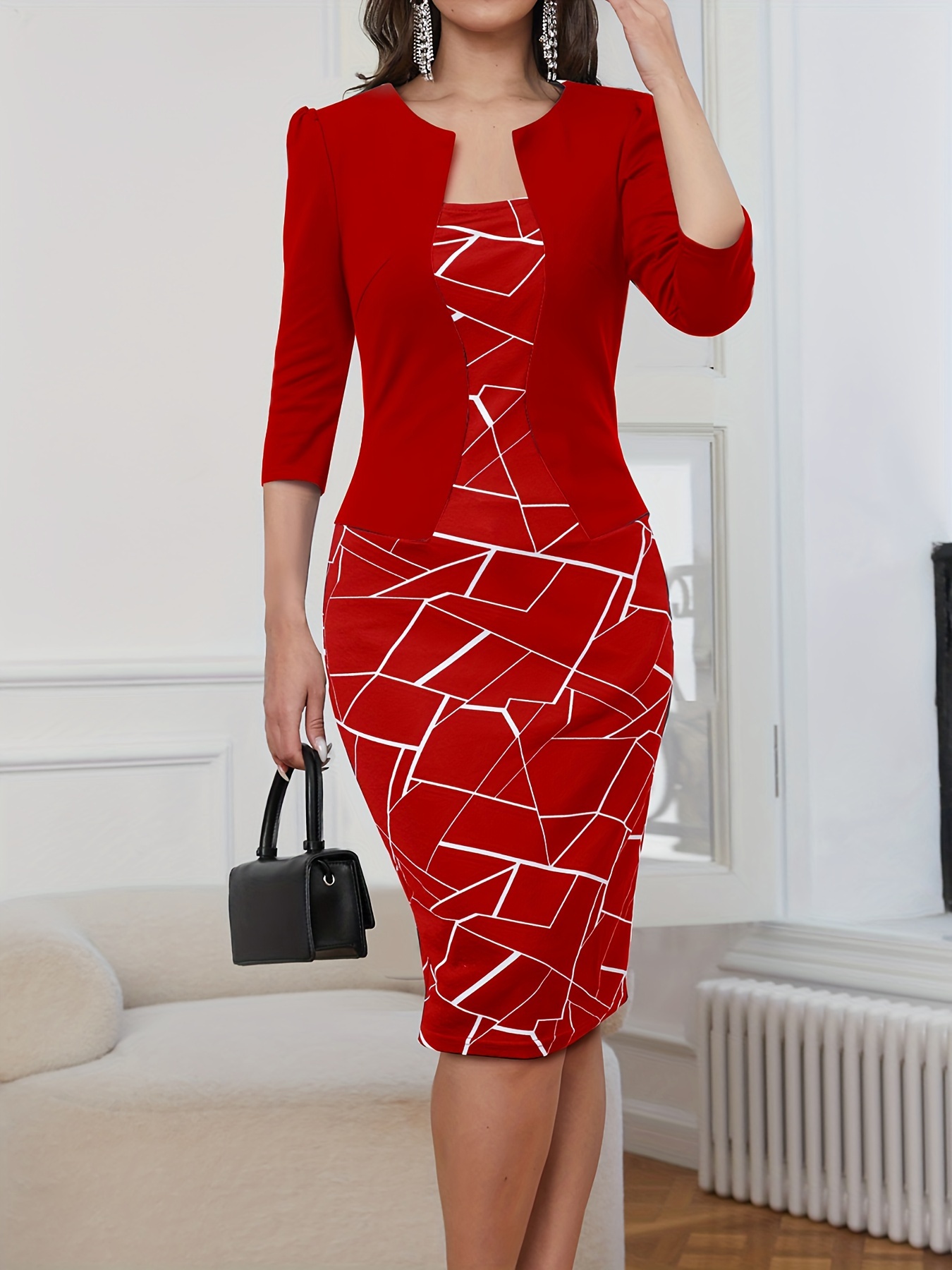 abstract print faux twinset dress elegant three quarter sleeve sheath dress womens clothing