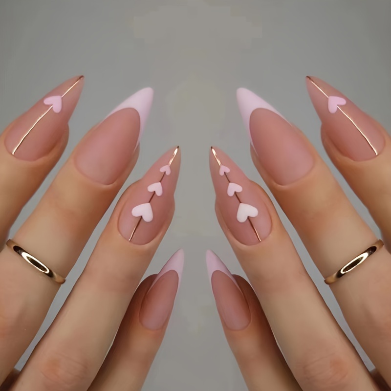 

24pcs Mid-length Almond Shape Press On Nails, Fake Nail With Heart Design Decor, Full Cover Nails For Women