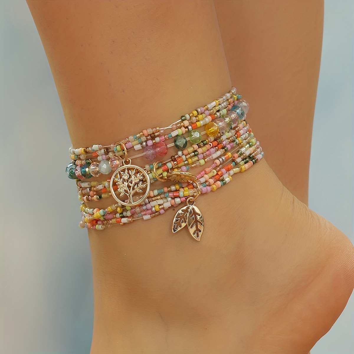 

13pcs Leaf Etc Pendant Beaded Anklet With Colorful Mini Rice Beads Boho Style Ankle Bracelet For Women