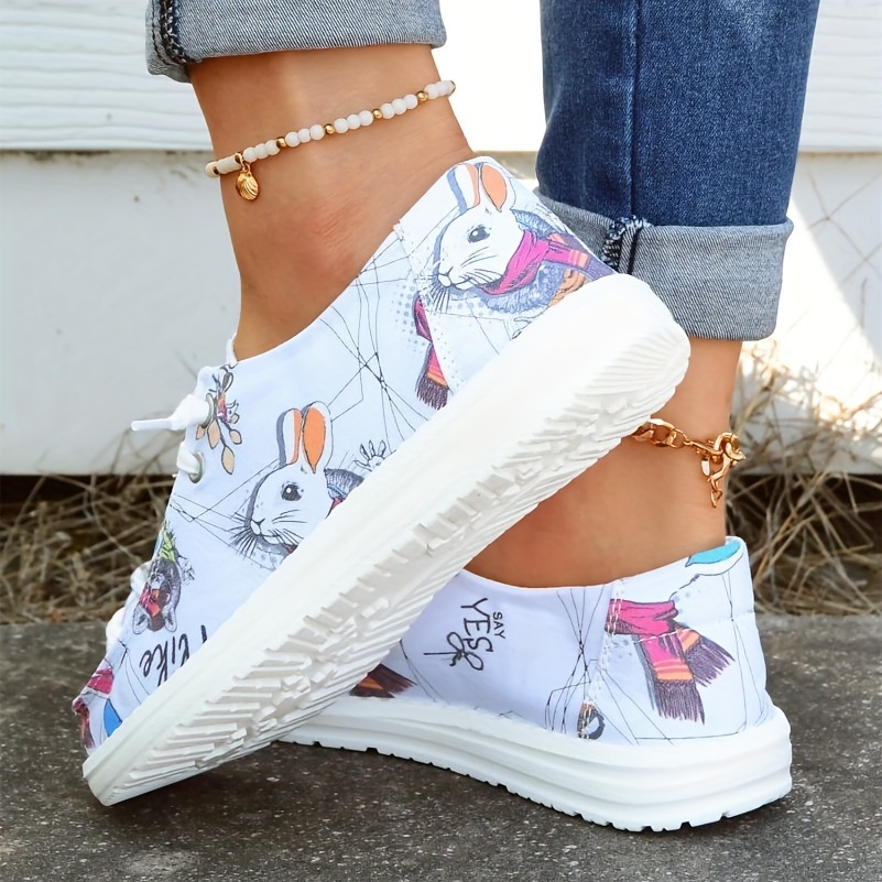 Women's Rabbit Print Loafers Lace Up Canvas Shoes