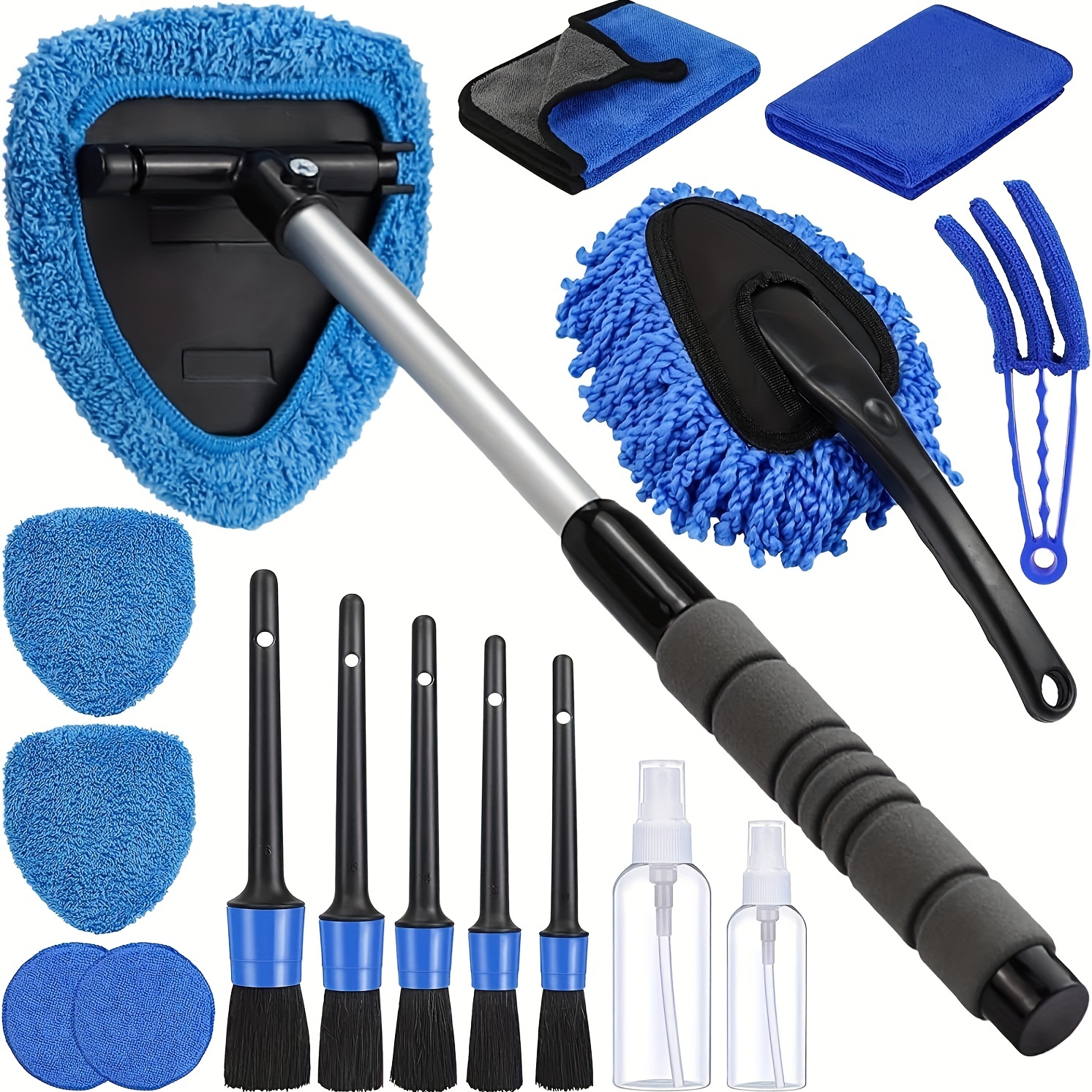 Car Wash Brush, Windshield Cleaner Wand, Glass Cleaning Mop Kit, Handle Cleaner  Tool with Spray Bottle for Car Window, Blue, for Gift 