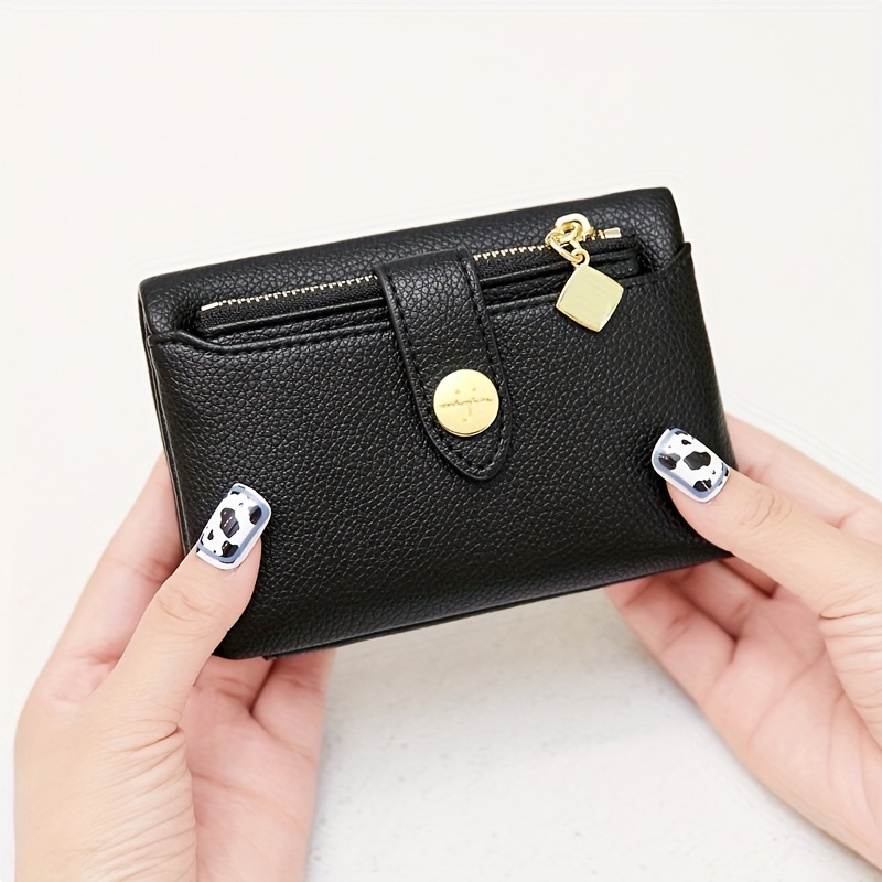 Casual Solid Color Coin Purse, Litchi Embossed Credit Card Small Wallet, Id  Window Bifold Functional Holder For Women - Temu