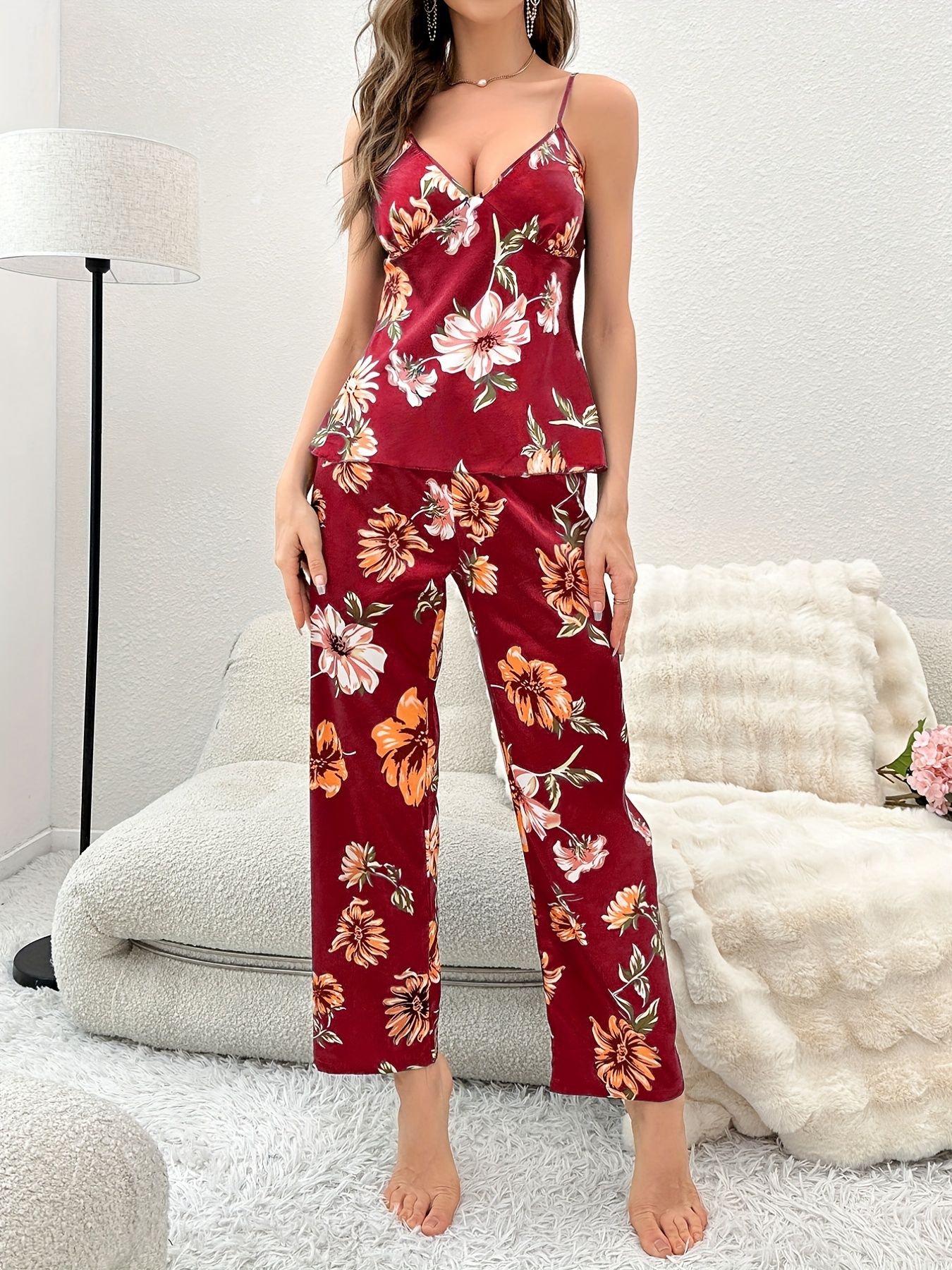 Floral Print Pajama Set Deep V Cami Top Elastic Waistband - Temu