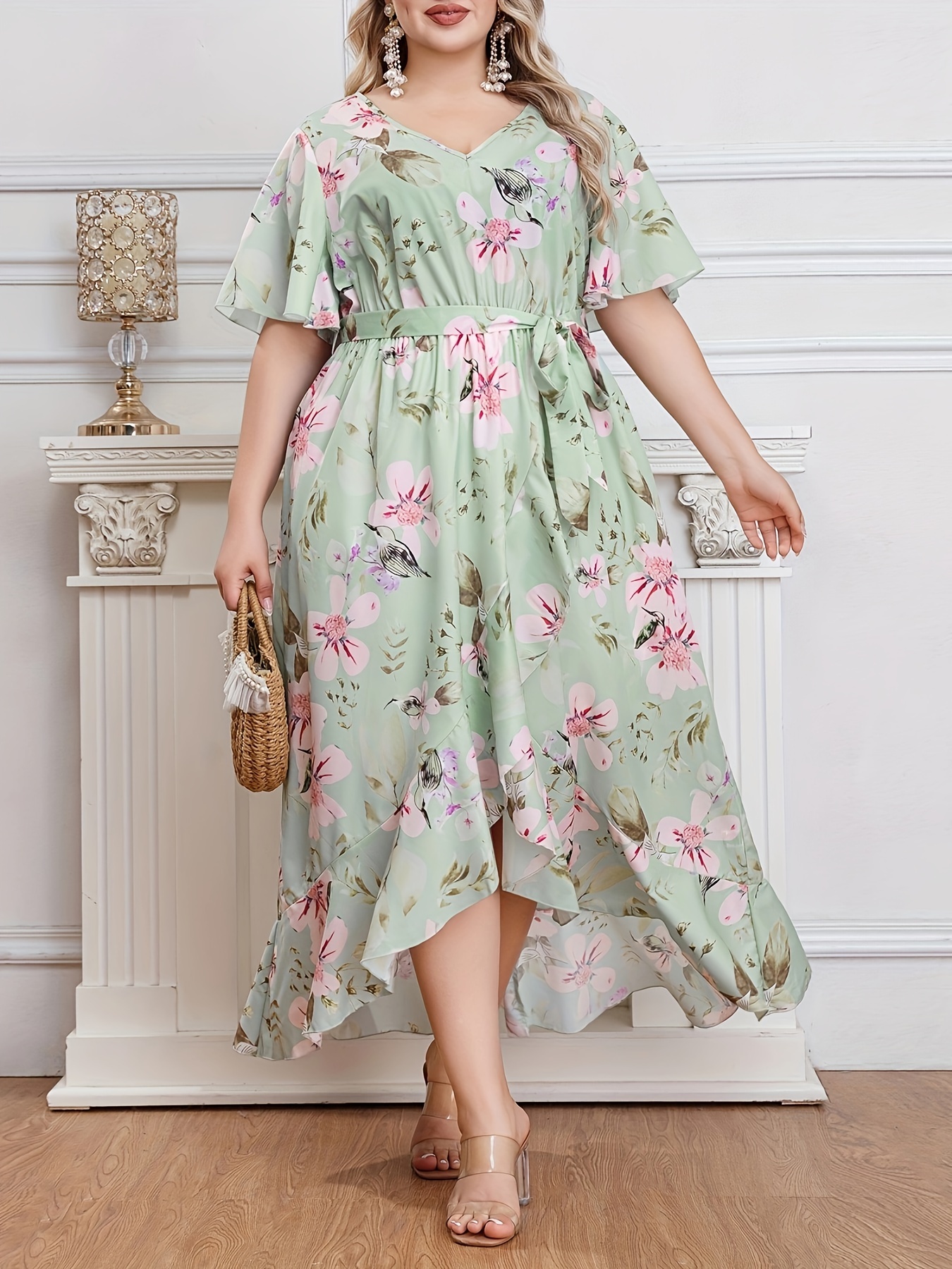 Plus Plants Print Keyhole Neck Belted Dress  Simple gowns, Casual maxi  dress outfit, Plus size fashion for women