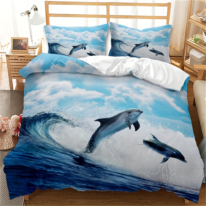Fashion Comforter Set Ocean Blue Sky White Cloud Dolphin - Temu