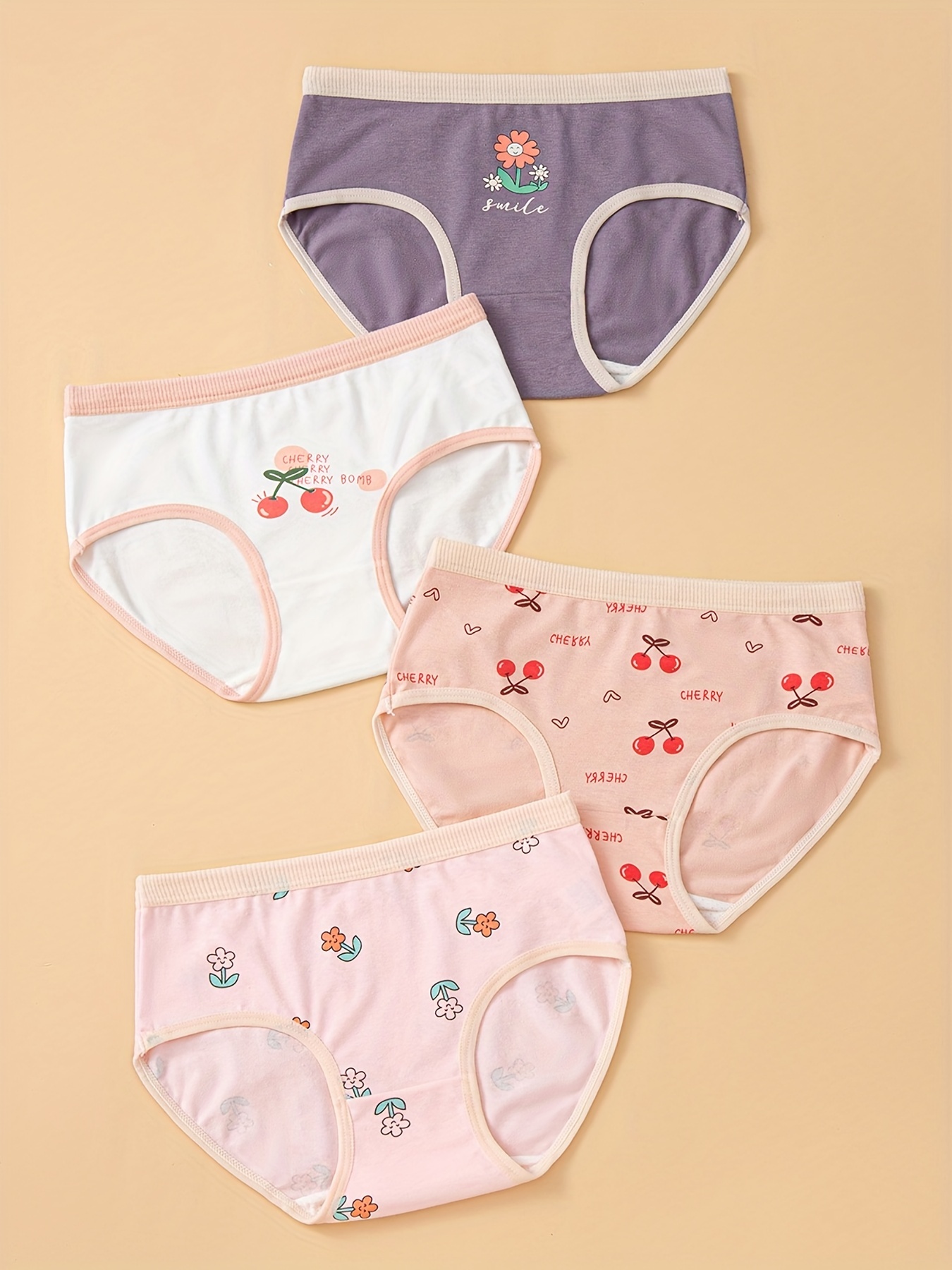 4pcs Girl's Cherry Pattern Briefs, Breathable Cotton Panties, Comfy Kid's  Underwear