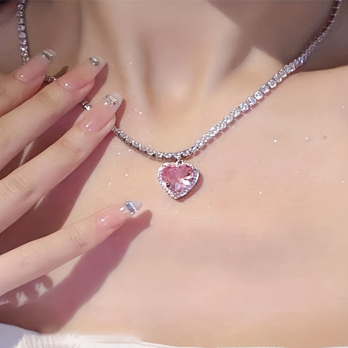 Coquette Style Rhinestones Heart Necklace Romantic - Temu