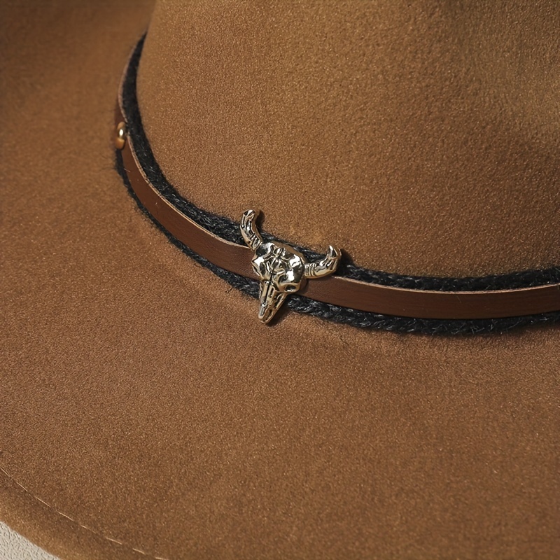 Vintage Jazz Fedora Cap Bull Head Cowboy Hat Solid Felt Casual Sun Hat