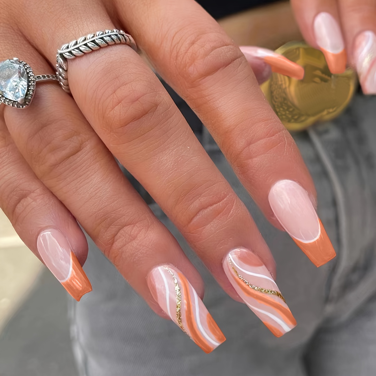 

24pcs Glossy Long Ballerina Fake Nails, Orange Brown French Tip Press On Nails With Stripe Design, Glitter Golden Line False Nails For Women Girls Daily Nail Decor