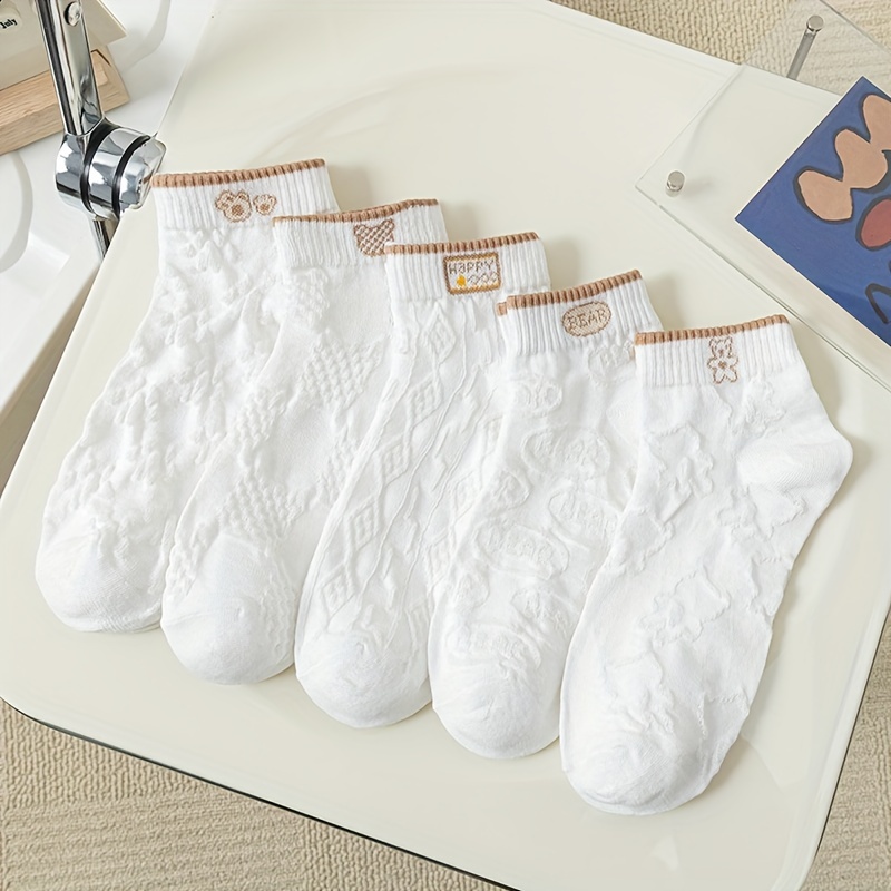 5 Pairs of Women'S Summer Thin Short Socks, Low-Cut Boat Socks, White Trendy Versatile Cute Ankle Socks.
