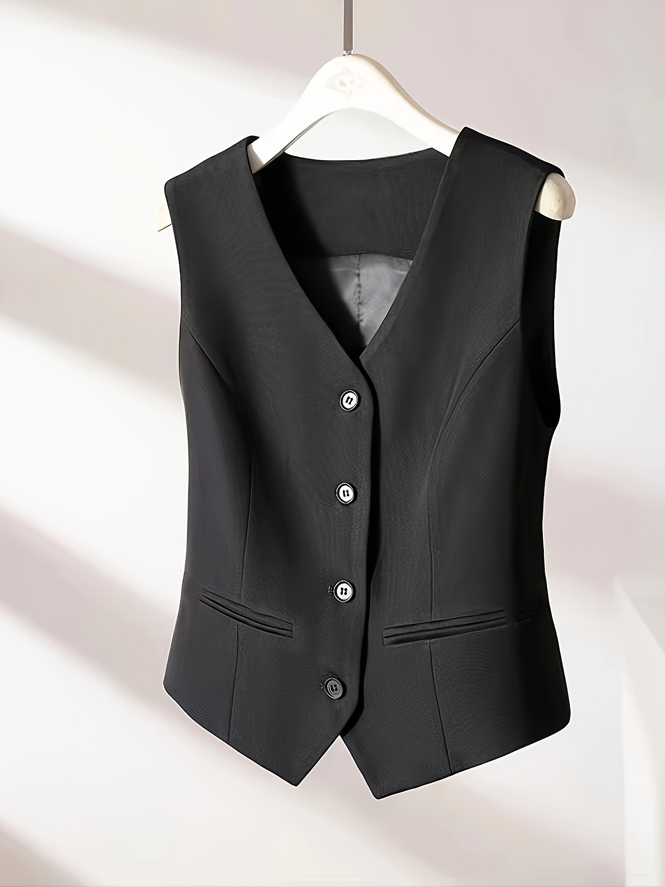 Button Front Solid Vest, Elegante Chaleco Sin Mangas Con Cuello En V, Ropa  De Mujer