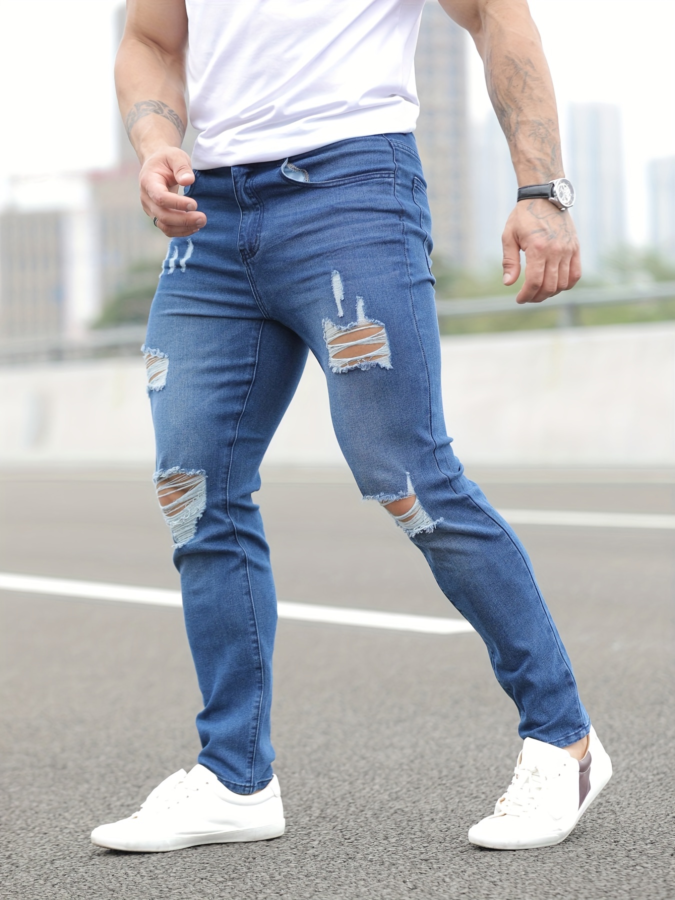 Slim Fit Ripped Cotton Jeans Mens Casual Street Style - Temu New Zealand