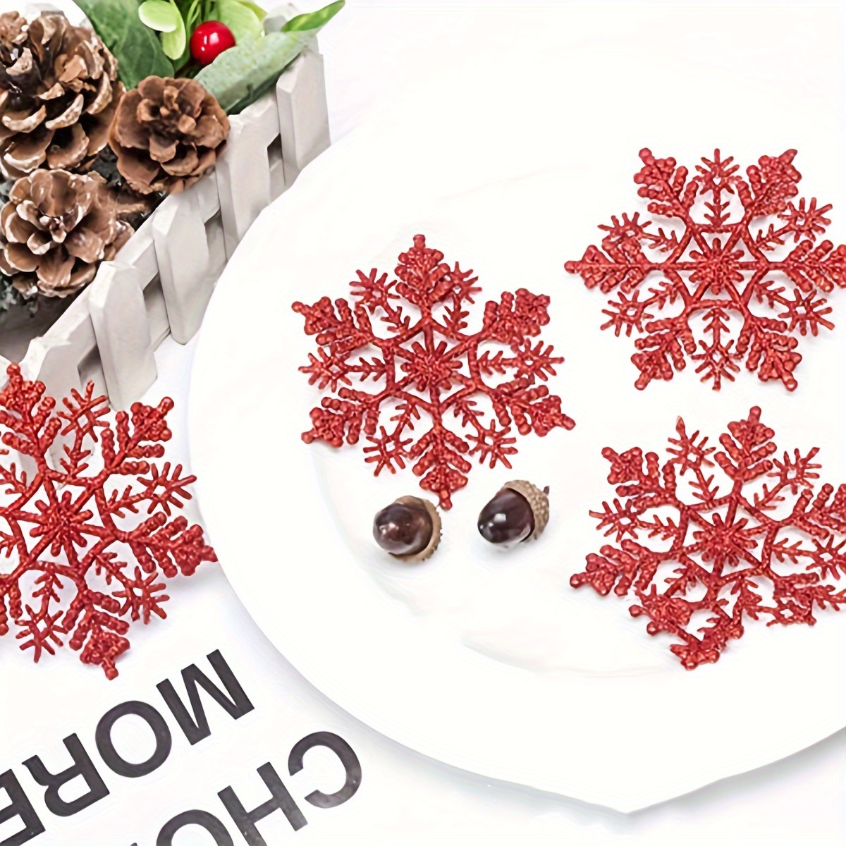 HOLIDAY TIME 3pc Red & Silver Glitter SNOWFLAKE Table or Hanging Decor  -New!