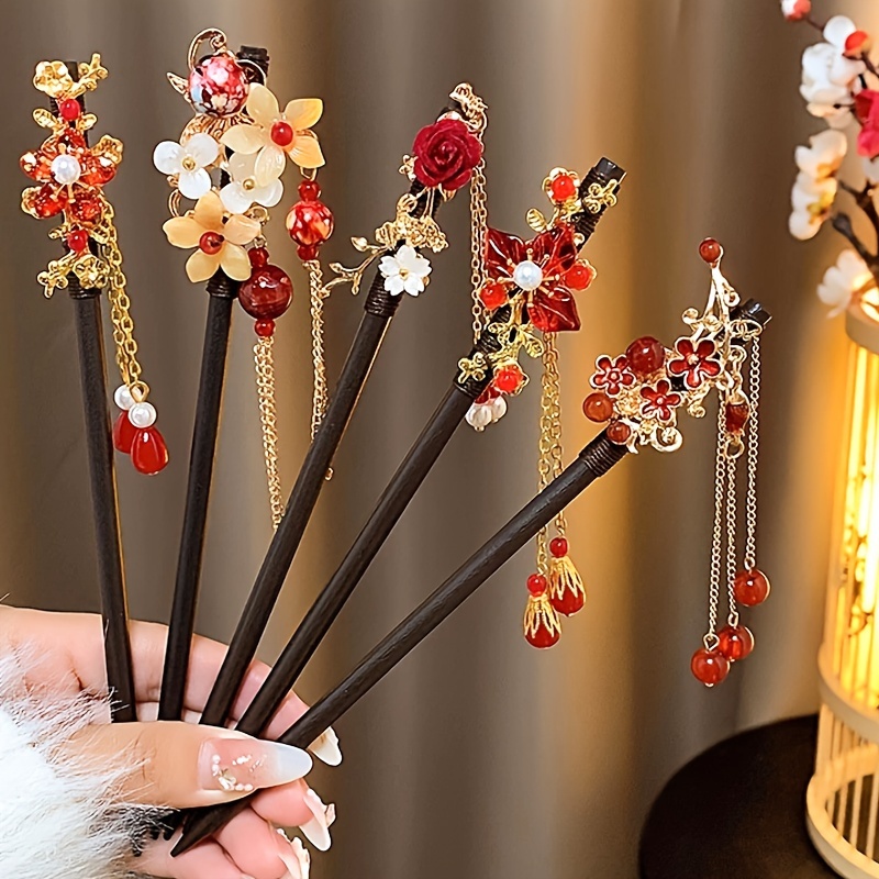 1pc Chinese Style Hair Sticks Vintage Wooden Red Flower Tassel Hairpins Elegant Romantic Plate Hair Accessories, Christmas Gifts,Temu