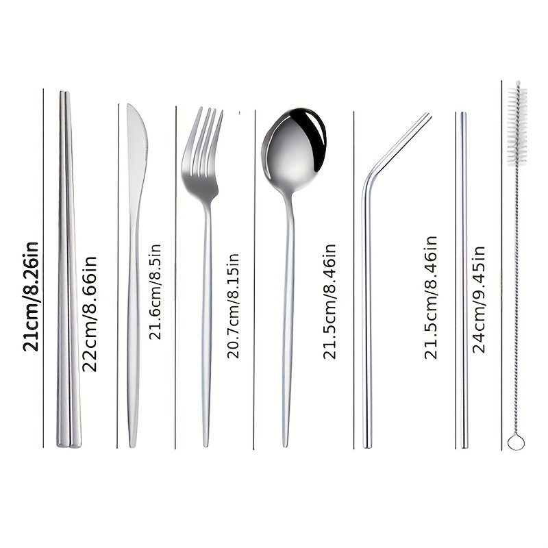 7pcs/set Stainless Steel Knife, Fork, Spoon, Chopsticks, Straws With Zipper  Bag, Portable Outdoor Travel Cutlery & Straw Set