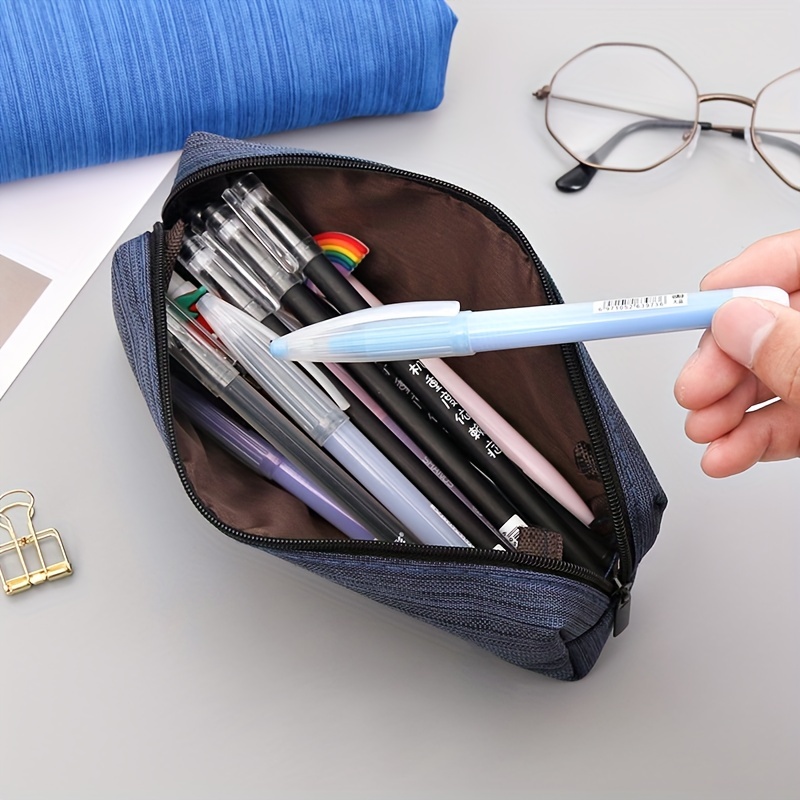 Canvas Blue Pencil Case Solid Color Stripes Simple Pencil Bags for