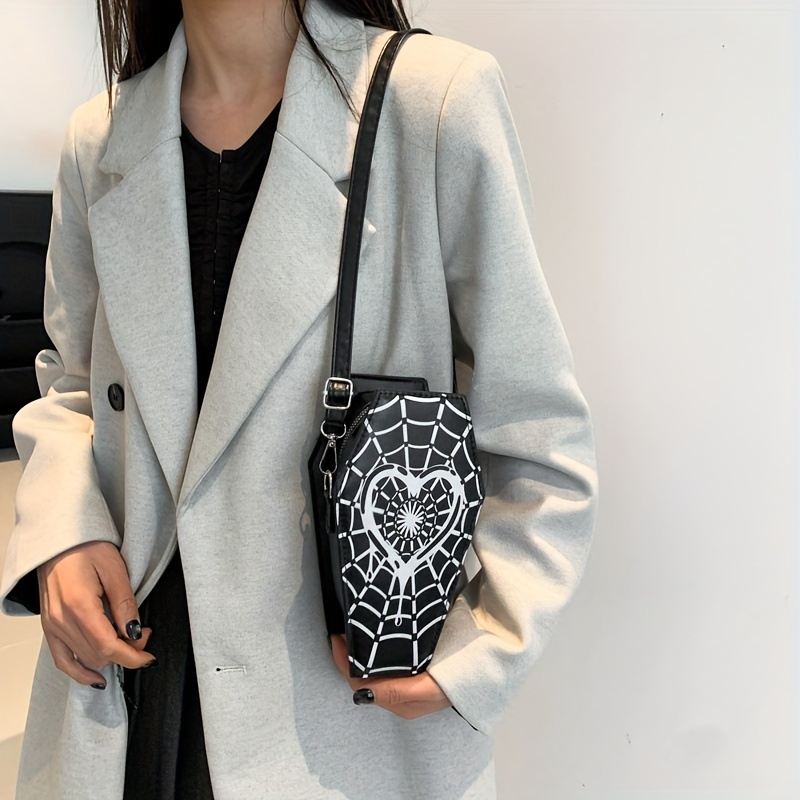 Halloween Western Style Coffin Shaped Shoulder Bag, Mini Punk Style Crossbody Bag With Heart Shaped Spider Web Pattern