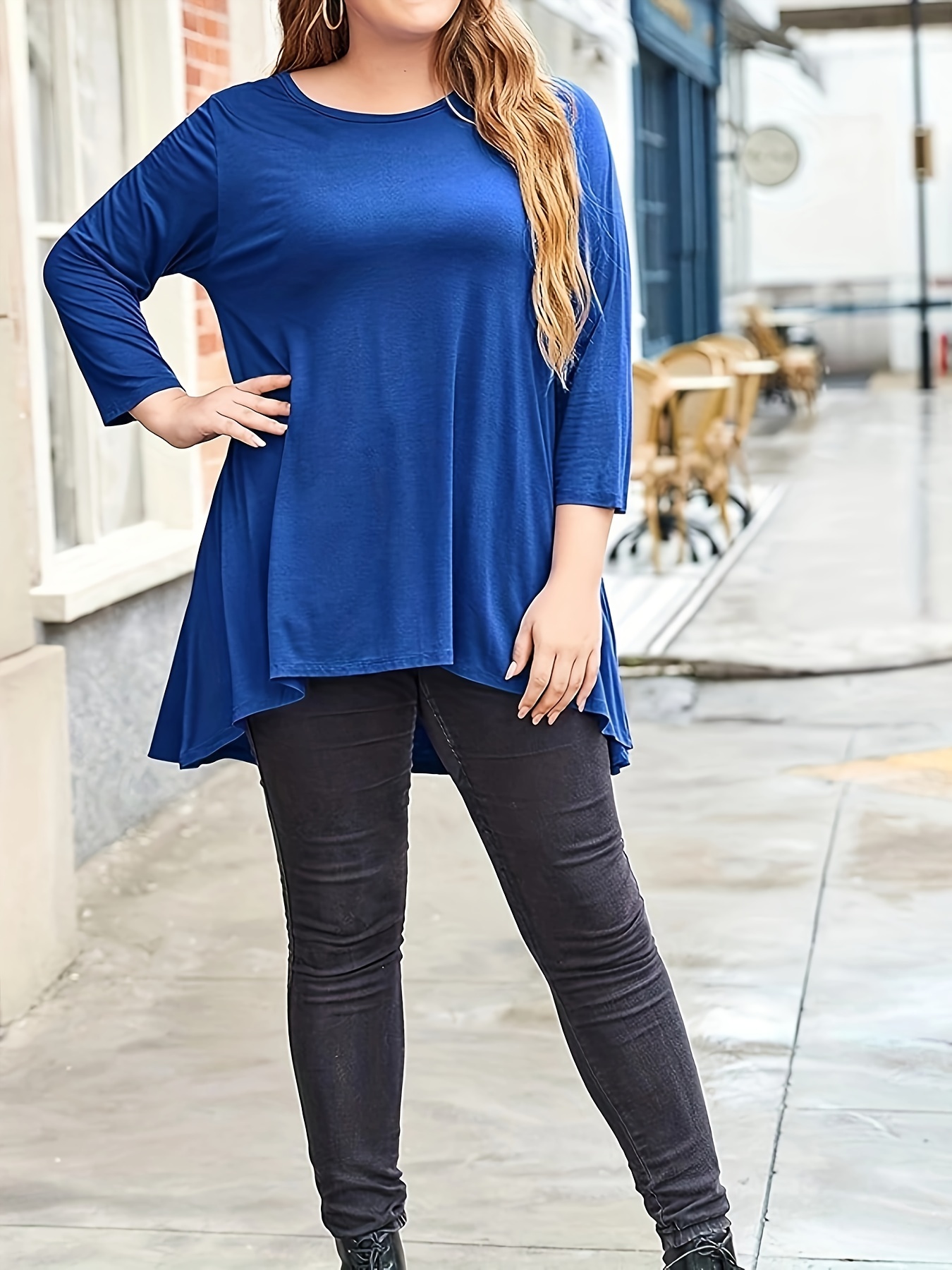 plus size casual t shirt womens plus solid long sleeve round neck medium stretch tunic top