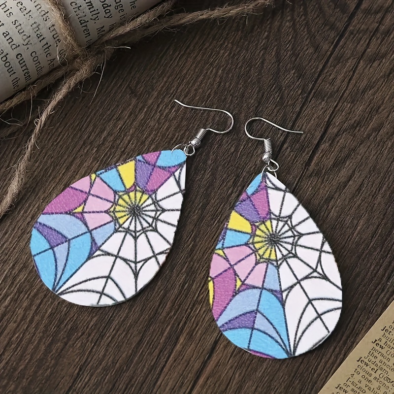 Multicolor Leather Spider Web Teardrop Earrings