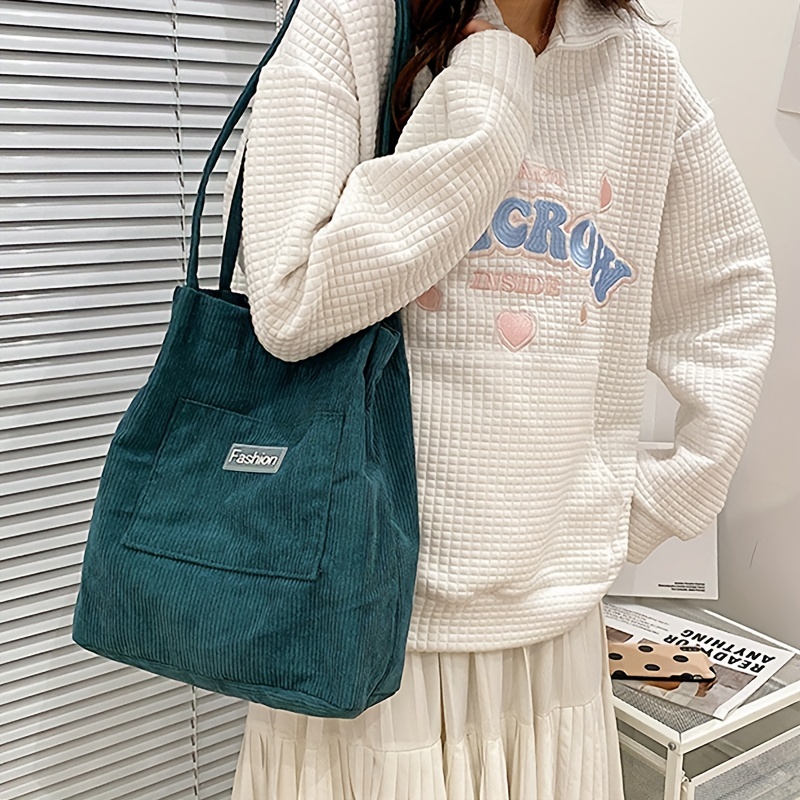 Simple Corduroy Tote Bag, Letter Patch Decor Shoulder Bag, Multi Pockets  Crossbody Bag - Temu