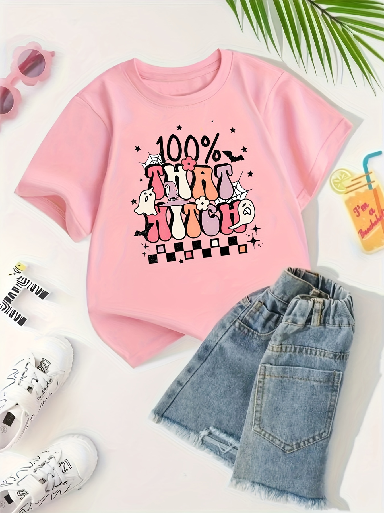 Girls White Typographic Printed Short Sleeves T-Shirt With Wide-leg Pants Sets