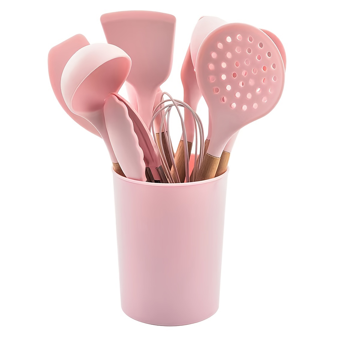 Silicone 11PCS Nonstick Cooking Utensils Set Wooden Handle Turner Tongs  Spoon Kitchen Gadgets - Pink