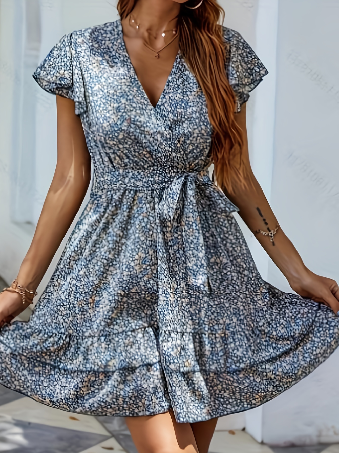 Floral Print Layered Ruffle Dress Boho Tie Front V Neck - Temu