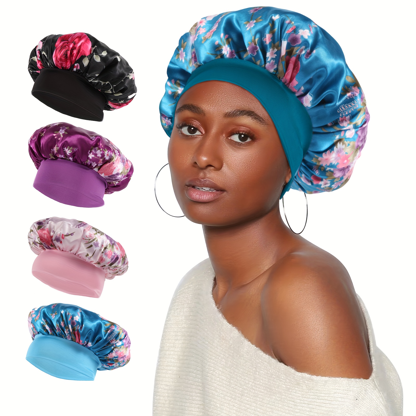 Satin Night Sleep Wide Elastic Hair Bonnet Hat For Women - Temu