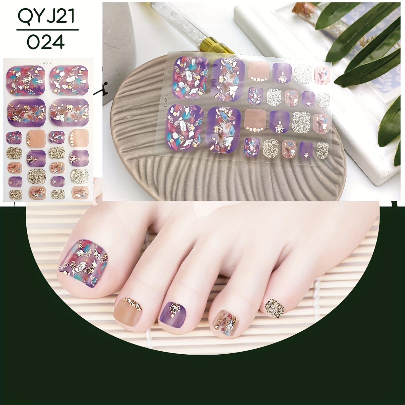 22pcs Gradient Toe Nail Stickers with Sequins and Glitter DIY Manicure Decals