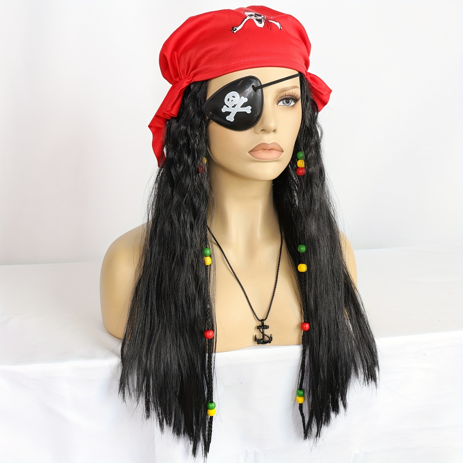 Pirate Wig Head Scarf Necklace Eye Patch Curly Anime Cosplay Wig