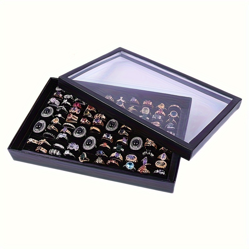 Organizador de anillos para joyas, caja de soporte para anillos con tapa  transparente, bandeja de almacenamiento de anillos de terciopelo a prueba  de