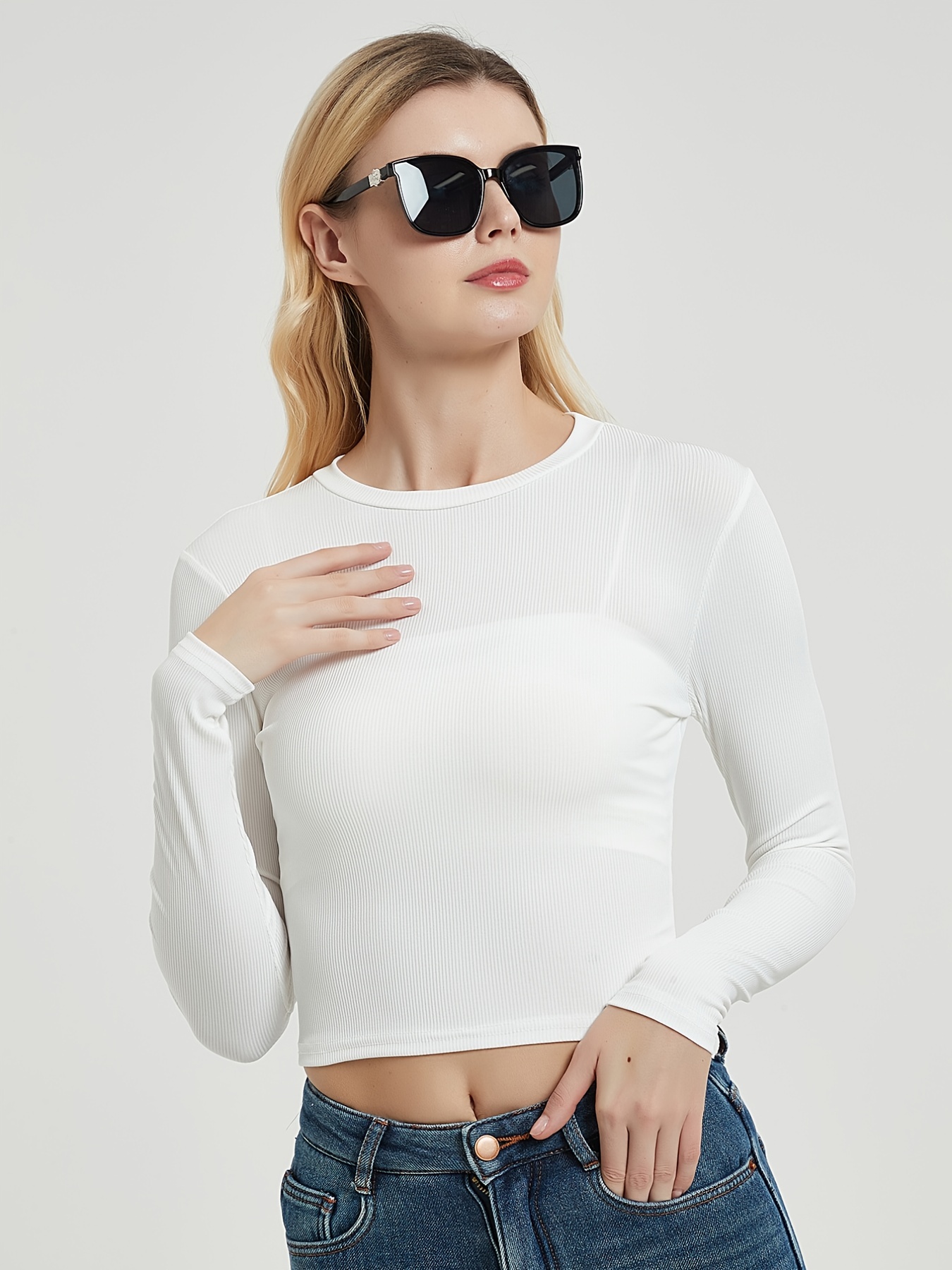 Women's Long Sleeve Ribbed Fitted Crew Neck Basic Short Crop - Temu