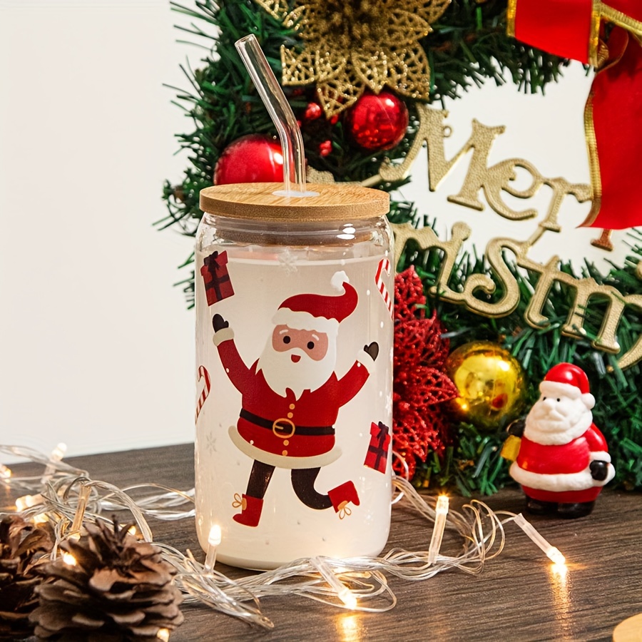 16 Oz Santa Claus Shaped Mason Jar Mugs with Reusable Straw and