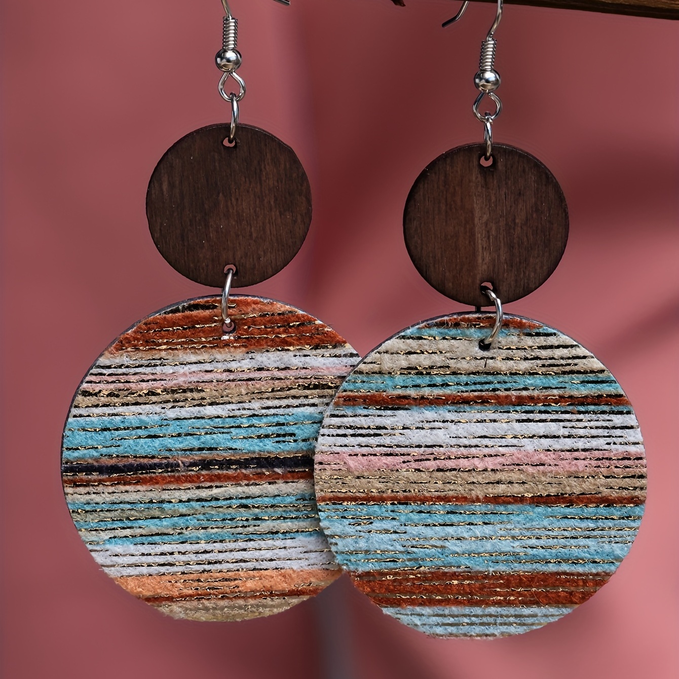 

Colorful Line Pattern Round Dangle Earrings Bohemian Minimalist Style Trendy Female Gift Daily Casual